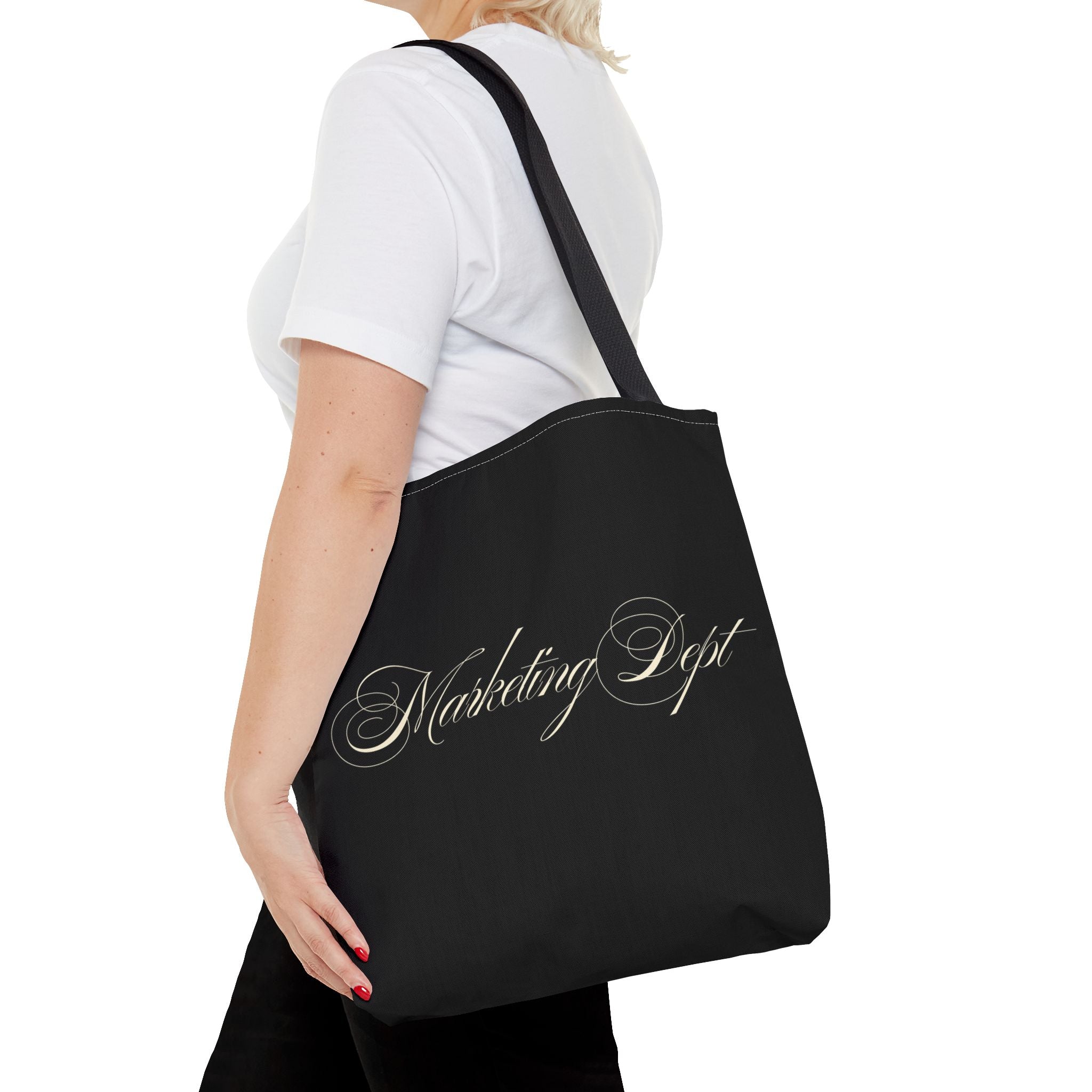 Marketing Dept Tote Bag – Black Script Logo All-Over Print Tote